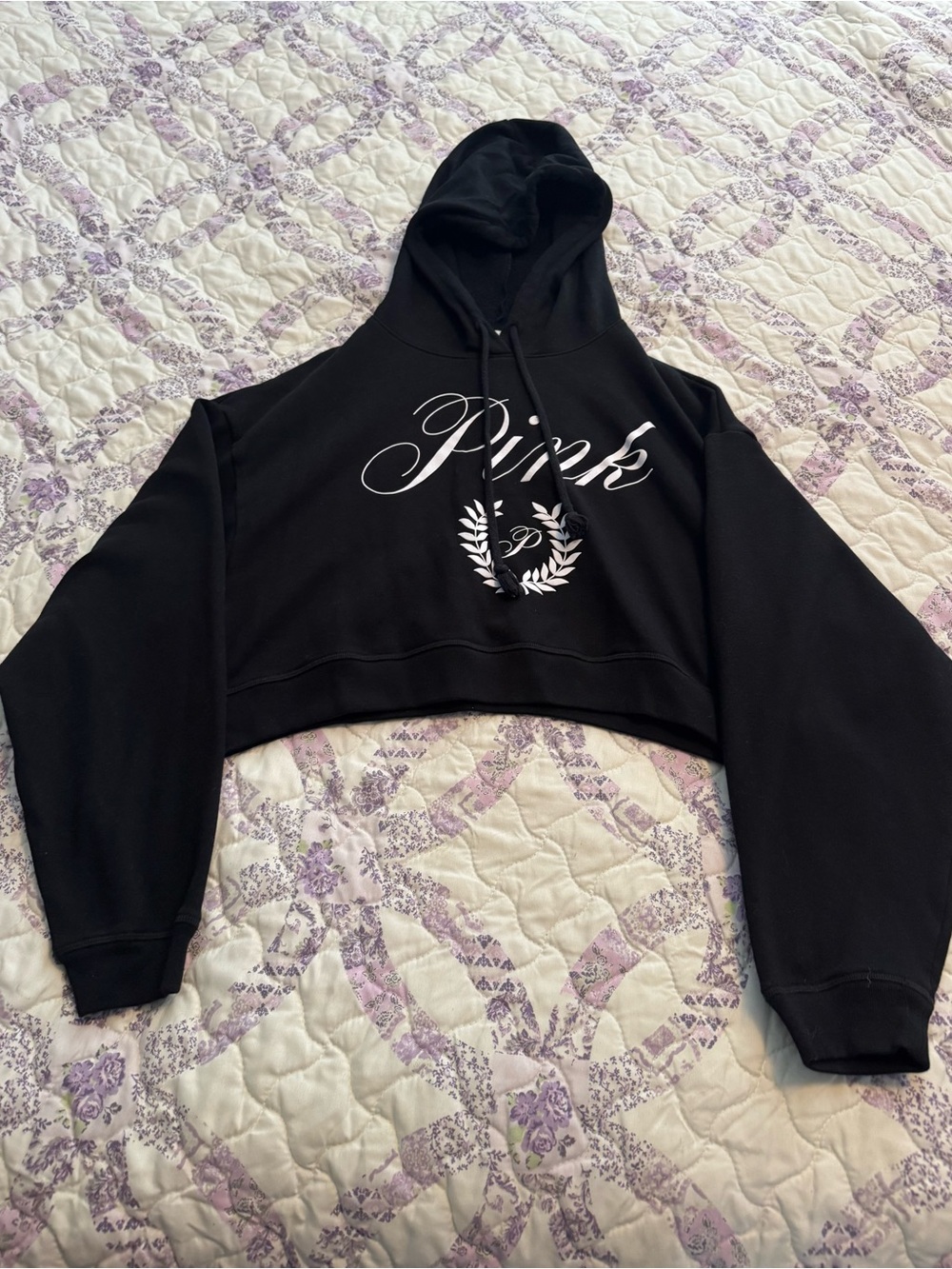 PINK Victoria's Secret Black Cropped Hoodie with White Script